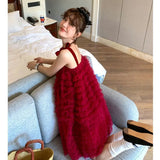 Purpdrank  Sweet Layered Red Fluffy Dress Women's 2025 Summer Girlish Dress with Suspenders