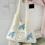 Purpdrank  Casual Cartoon Turtle Knitting Shoulder Bag Hollow Large Capacity Beach Bag Knitted Beige Brown Underarm Bag Vacation