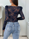 Purpdrank  Black Lace Splicing Sweetheart Neck Bodysuit Women 2025 New Long Sleeve Club Party Elegant Body Top Female Outfit