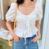 Purpdrank  Spring Summer Lace-up Ruffles Women's T-Shirts 2025 New French Style Elegant Puff Sleeve Short Shirt Tops for Womens