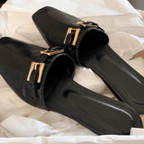 Purpdrank  High Quality Metal Buckle Decoration Flat Slipper Women Elegant Square Toe Black Casual Shoe Summer Comfort Brand Designer Shoes