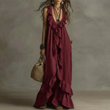 Purpdrank  Women's Boho Ruffle Irregular Hem Maxi Dress Spring Deep V Neck Loose Party Long Dresses New Summer Sleeveless Solid Beach Dress