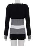 Purpdrank  Women Casual Striped Color Block 2-Piece Set Zip Up Long Sleeve Crop Hoodie & Shorts Matching Suits Streetwear Tracksuit