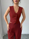 Purpdrank  Women's 2Pcs Red Date Night Front Buckle V-Shaped Hem Solid Button Front Vest Jacket & Seam Front Pants Two Piece Set