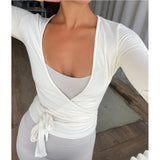 Purpdrank  Women Ballet Wrap Tops Bow Tie Front Long Sleeve Wrap V Neck Workout Shirts Slim Fit Pilates Wrap T-shirts Tees