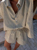 Purpdrank  Loose Striped Summer Women's Suit Lapel Single-breasted Shirt High Waist Pockets Mini Shorts Casual Commuting Lady Suit Summer