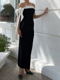 Purpdrank  Elegant Off Shoulder Maxi Dress for Women Fashion Color Match Bow Ribbon Sleeveless Slim Bodycon Evening Party Long Dress