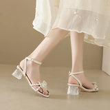 Purpdrank  Summer Latest Women's Sandals Square Head Fashion Crystal Heel  High Heel Thick Heel Bow Ankle Buckle Strap Female Shoes