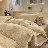 Purpdrank  INS Korean Style2025 New Yungan Cotton Wrinkled Double-layer Yarn Lace Bedding Sets