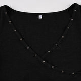 Purpdrank  American Retro V Neck Long Sleeve Slim All Match Solid Y2k Sexy Embroidered Flares T-Shirts