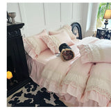 Purpdrank  Pink Luxury Princess Wedding Lace Ruffles 100% Cotton Bedding Set Duvet Cover Bed Sheet/Bed Skirt/Fitted Sheet Pillowcases 4Pcs