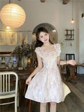 Purpdrank  French Ruffled Lace Square Neck Small Flying Sleeve Floral Dress Summer New Style Waist-hugging Short Skirt