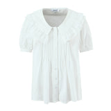 Purpdrank  Holiday White Spliced Wood ears Lace Peter Pan Collar Short Puff Sleeve Shirt Women Fold Pleated Front Open Buttons Blouses Tops