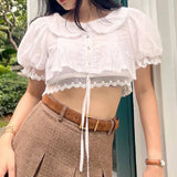 Purpdrank  Stylish White Spliced Lace Short Puff Sleeve Shirt Women Peter Pan Collar Bow Hem Loose Crop Tops