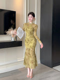 Purpdrank  Sexy Long Sleeve Lace Cheongsam Dress Waist Cinched Maxi Skirt for Women Southeast Asia Cross Border Elegant Commute Style