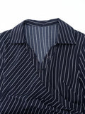 Purpdrank  Chic Blue & White Striped Shirt Dress Women Fashion Turn Down Collar Long Sleeve Pleats Slim Asymmetrical Hem Mini Dress