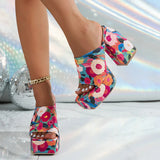 Purpdrank  Fashion Flower Print Chunky Heel Sandals Women Outdoor Party Super High Heels Slippers Woman Square Toe Platform Sandles 36-42
