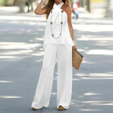 Purpdrank  Simple Cotton Linen Women's Suits Summer Fashion Sleeveless Halter Loose Blouse Wide Leg Pant Two Piece Set Womens Matching Sets