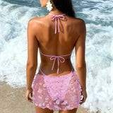 Purpdrank  New Model Sequined Lace Up Skirt Three-piece Bikini Swimsuit For Women Summer Pink Strap Sexy Backless Beach Vacation Swimsuit