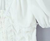 Purpdrank  Sweet White Embroidery Hollow Out Hole Splice Lace Elastic U Collar Short Sleeve Shirt Women Center Buttons Slim Crop Tops