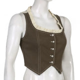 Purpdrank  Retro Style Women's Lace Button Vest Irregular Hem Street Fashion Hot Girl Outerwear Tank Top Polyester Fiber Casual Wear