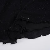 Purpdrank  Sexy Sparkly Sheer Mesh Party Dress Women Fashion Black Tie-up Low Cut Front Long Sleeve A Line Mini Midnight Club Dress