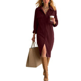 Purpdrank  Women's Corduroy Maxi Dress Lapel Collar Button Down Long Sleeve Casual Shirt Dress With Pockets Loose Side Slit Office Dresses