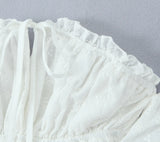 Purpdrank  Stylish White Embroidery Hollow Out Flower Slash Shoulder Short Sleeve Tank Top Women Elastic Waist Ruffles Hem Crop Tops