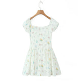Purpdrank  New Sweet Floral Print Spliced Lace Slit Square Collar Short Puff Sleeve Dress for Women Low Waist Mini Dresses Femme Vestidos