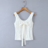 Purpdrank  Holiday Ivory Bow U collar Ivory Spliced Lace Wood ears Strap Tank Women Summer Slim Waist Front Slit Sleeveless Tee Crop Top