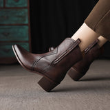 Purpdrank - 2023 Winter Classic Chelsea Boots for Woman Genuine Leather Pointy Toe Wedge Heel Ankle Boots Simple Comfortable Cowboy Boots