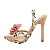 Purpdrank  Bohemian Style Fashion Vine Weave Back Strap Sandals Women Pink Flowers Open Toe Gladiator High Heels Wedding Prom Shoes