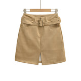 Purpdrank  New Autumn Sexy With Buckle Belt High Waist Suede Pencil Skirt for Women Above Knee Length Package Hips Front Slit Skirts Khaki
