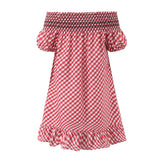 Purpdrank  Romantic Red Plaid Wood ears Ruffles Spliced Slash Shoulder Short Sleeve Dress Women Ruffles Hem Loose Mini Dresses Vestidos