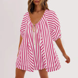 Purpdrank  Summer New Womens Fashionable Deep V-neck Tie Up Short Sleeved Striped Printed Jumpsuit Shorts Loose Casual Wide Leg Capris