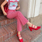 Purpdrank  Plaid Flared Pants Women Summer Slim Fit Elastic High Waist Cropped Trousers Casual Sweatpants y2k Clothes Streetwear