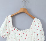 Purpdrank  Retro French Style Fruit Cherry Print Midi Long Dress Puff Sleeve Chest Ruched Bow Square Collar Hem Slit Swing Robe Fairy