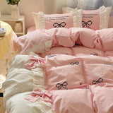 Purpdrank  Korean Princess Style Lace Ruffles Plaid Patchwork Bow Embroidery 100% Cotton Bedding Set Duvet Covers Bed Sheet Pillowcases