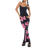 Purpdrank  Women's Aesthetic Camisole Dress Floral Print Sleeveless Backless Sexy Dress Long Slim Dress Party Dress