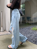 Purpdrank  Lace Spliced Ripped Jeans Female Vintage Fashion Loose Wide-leg Denim Trousers Casual Lazy Chic Light Blue Straight Pants Mujer