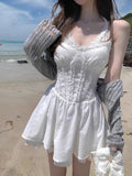 Purpdrank  Vintage French Vacation Summer Women Dress Y2k Elegant Lace Slim White Dress Fashion Female Beach Style Design Short Dress 2025