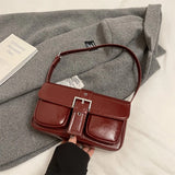 Purpdrank  Retro Women Bags Belt Buckle Design Single Shoulder Bag Flap Shape Pure Color Casual Street Underarm Satchels Latest