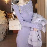 Purpdrank  Elegant Beaded Knitted Dress Women Sexy Off-the-Shoulder Bodycon Midi Dress Fall Winter Long Sleeve Slim Sweater Dresses 547A