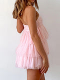Purpdrank  Women's Tube Top Dress Strapless Solid Color Ruffle Hem Mini Party Dress Slim Fit Tiered Dress