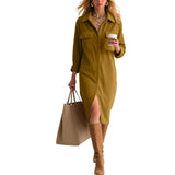 Purpdrank  Women's Corduroy Maxi Dress Lapel Collar Button Down Long Sleeve Casual Shirt Dress With Pockets Loose Side Slit Office Dresses