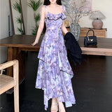 Purpdrank  Spring New Women French Sleeveless Retro Camisole Dress Irregular Mesh Printed Dress Slim Ruffles Long Fairy Dress