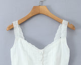 Purpdrank  New Holiday White Spliced Lace Strap Camis Women Summer Open Buttons Front Tie Bow Sashes Tank Tops V neck Ruffles Hem Crop Top