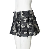 Purpdrank  Sexy Low Waist Camouflage Pleated Mini Skirts Womens 2025 New Fashion Drawstring Bandage Zipper Y2K Summer Skirt With Rivet Belt