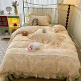 Purpdrank  Double Layer Yarn Pure Cotton French Floral Lace Ruffles Bedding Set Duvet Cover Set Pillowcases With Flat/Fitted Bed Sheet 4Pcs