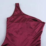 Purpdrank  Women's Elegant Burgundy Satin One Shoulder Bodycon Maxi Dress Ruched High Slit Formal Party Dress